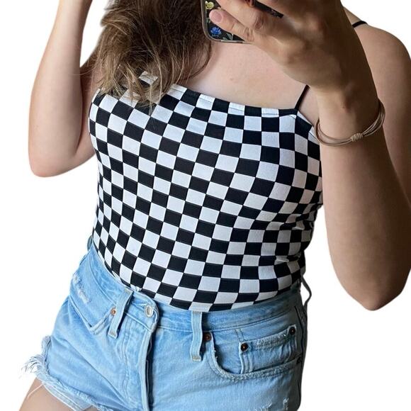 Windsor L Black White Checkered Square Neck Thin Bungee Strap Camisole Bodysuit - Picture 1 of 6